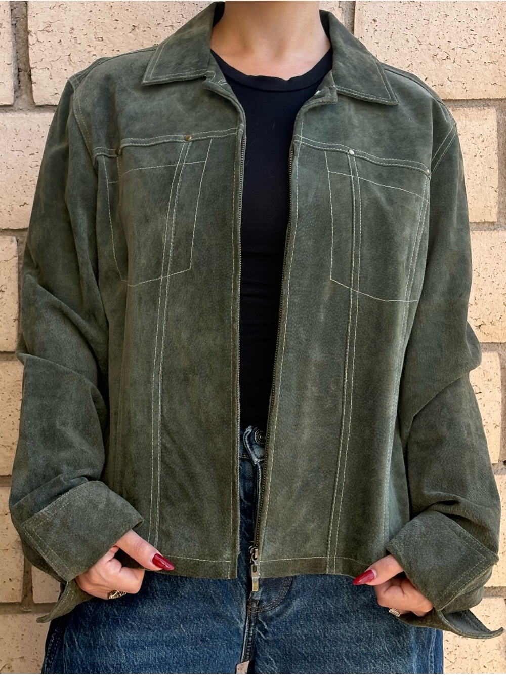 Live a Little 100% Leather Green Jacket Size L 70s Vintage Style
